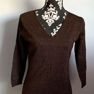 Metro‎ 7 Women's Metallic Brown V-Neck Pullover Sweater Size L Long Sleeve